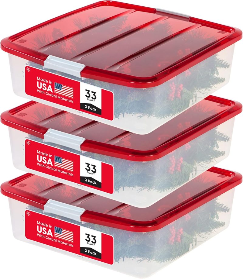 IRIS USA 33 Quart Holiday Wreath Storage Container Box with Lid, 3-pack, Clear/Red product photo